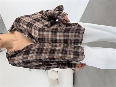 Kahve Ekose Desenli Oversize Gömlek