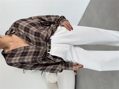 Kahve Ekose Desenli Oversize Gömlek