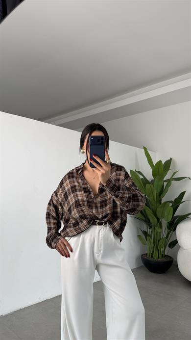 Kahve Ekose Desenli Oversize Gömlek