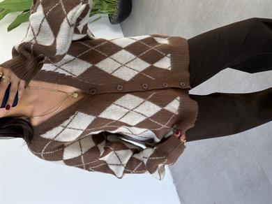 Kahve-Ekru Baklava Desenli Triko Hırka