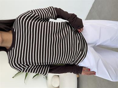 Kahve-Ekru Çizgili Çift Kollu Tişört