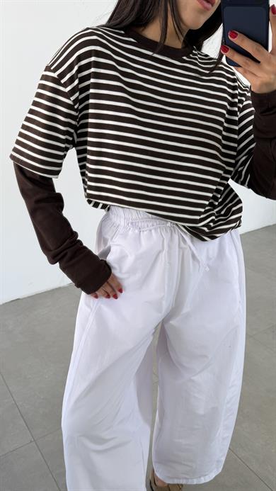Kahve-Ekru Çizgili Çift Kollu Tişört