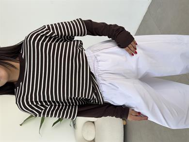 Kahve-Ekru Çizgili Çift Kollu Tişört