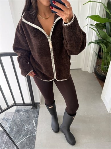 Kahve Ekru Çoban Dikiş Polar Sweat