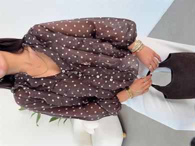 Kahve Ekru Puantiyeli Önü Volan Gömlek