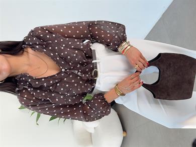 Kahve Ekru Puantiyeli Önü Volan Gömlek