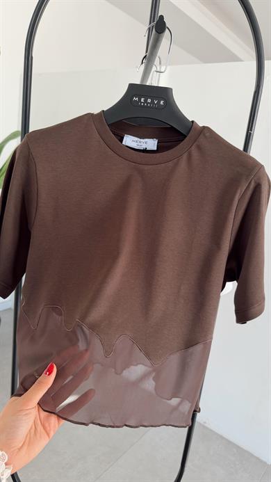 Kahve Eteği Tül Garnili Tshirt