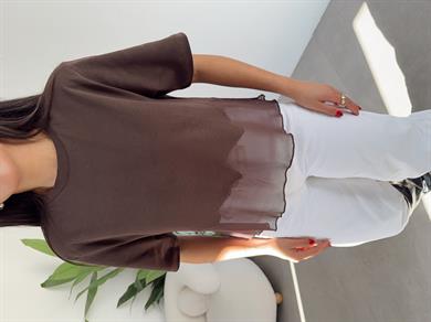 Kahve Eteği Tül Garnili Tshirt
