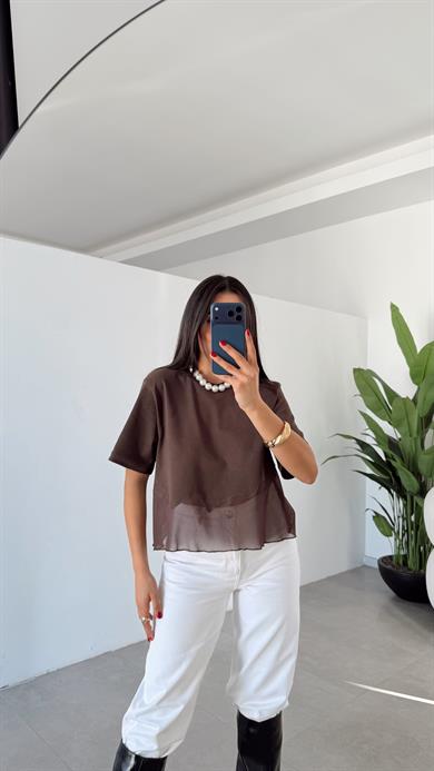 Kahve Eteği Tül Garnili Tshirt