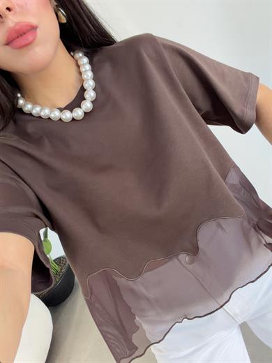 Kahve Eteği Tül Garnili Tshirt