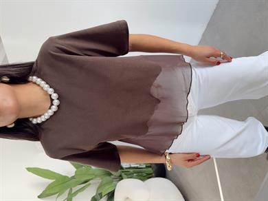 Kahve Eteği Tül Garnili Tshirt