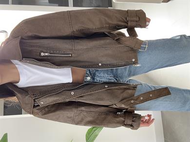 Kahve Fermuar Detaylı Deri Ceket