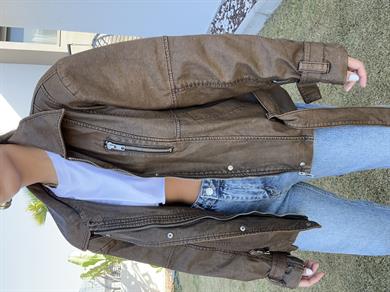 Kahve Fermuar Detaylı Deri Ceket