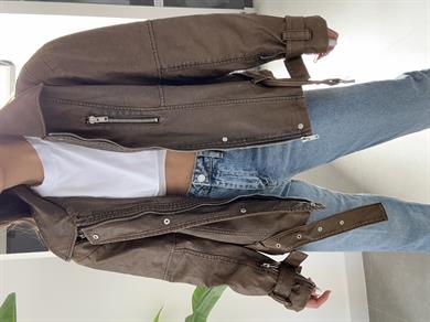 Kahve Fermuar Detaylı Deri Ceket