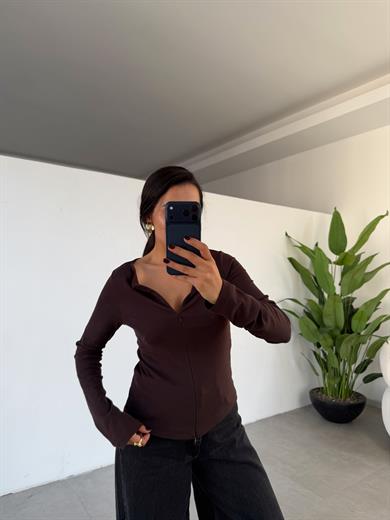 Kahve Fermuar Detaylı Uzun Kollu Bluz