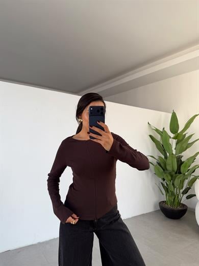 Kahve Fermuar Detaylı Uzun Kollu Bluz