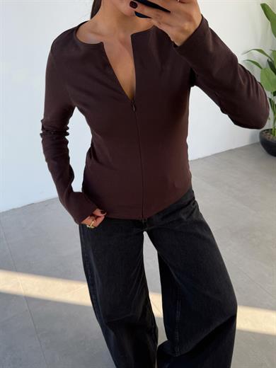 Kahve Fermuar Detaylı Uzun Kollu Bluz