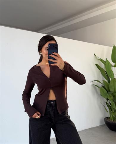 Kahve Fermuar Detaylı Uzun Kollu Bluz