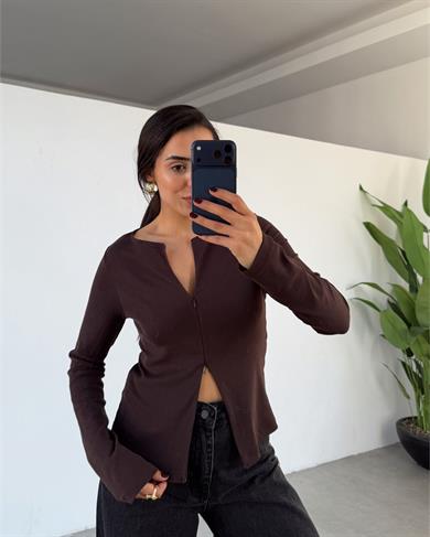 Kahve Fermuar Detaylı Uzun Kollu Bluz