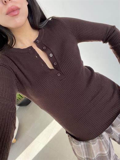 Kahve Fitilli Düğme Detaylı Bluz