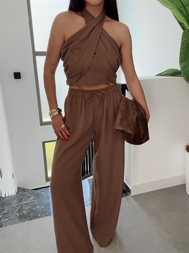 Kahve Halter Yaka Bluz Takım