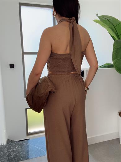 Kahve Halter Yaka Bluz Takım