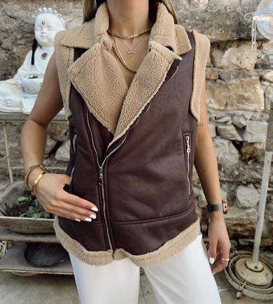 Kahve İçi Kürklü Yelek
