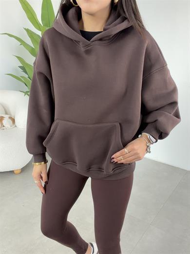 Kahve İçi Şardonlu Kapşonlu Sweatshirt