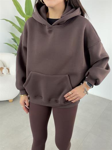 Kahve İçi Şardonlu Kapşonlu Sweatshirt