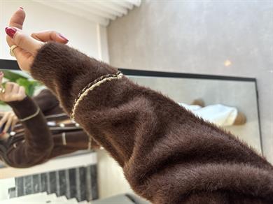 Kahve İnci Düğmeli Gold Biyeli Hırka