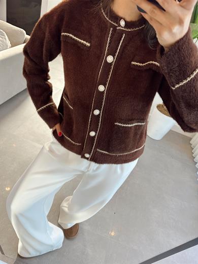 Kahve İnci Düğmeli Gold Biyeli Hırka