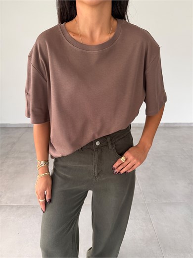 Kahve İnterlok Bisiklet Yaka Tshirt
