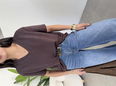 Kahve İnterlok V Yaka Salaş Body