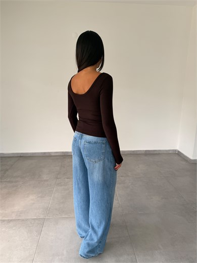 Kahve İpek Kaşkorse Gloplu Uzun Kollu Body