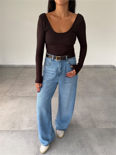 Kahve İpek Kaşkorse Gloplu Uzun Kollu Body
