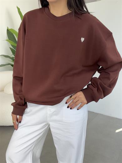 Kahve Kalp Nakışlı Sweatshirt