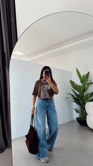 Kahve Kaplan Basklı Tshirt