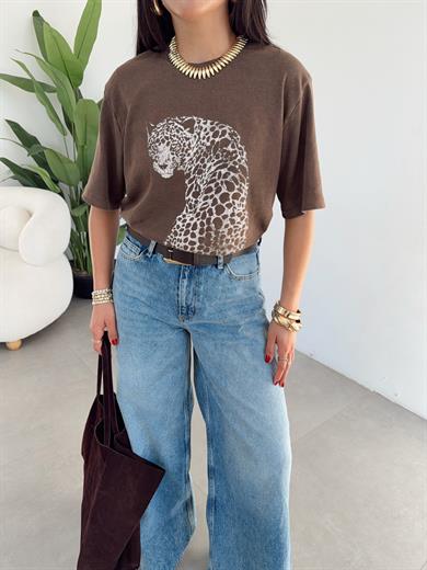Kahve Kaplan Basklı Tshirt