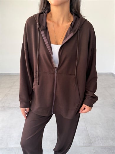 Relax Kahve Kapüşonlu Fermuarlı Rahat Kesim Sweatshirt