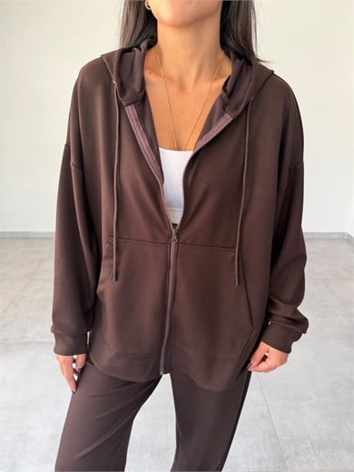 Kahve Kapüşonlu Fermuarlı Rahat Kesim Sweatshirt