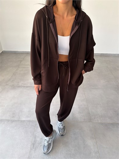 Kahve Kapüşonlu Fermuarlı Rahat Kesim Sweatshirt