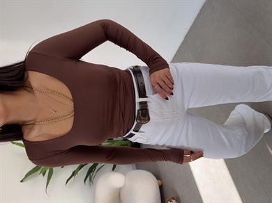 Kahve Kare Yaka Uzun Kol Bluz