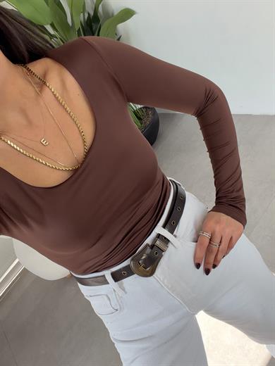 Kahve Kare Yaka Uzun Kol Bluz