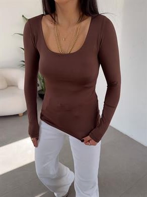 Kahve Kare Yaka Uzun Kol Bluz