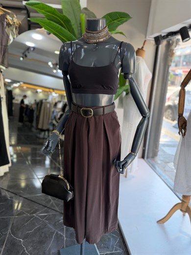 Kahve Kemerli Ve Pileli Culotte Pantolon