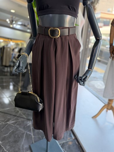 Kahve Kemerli Ve Pileli Culotte Pantolon
