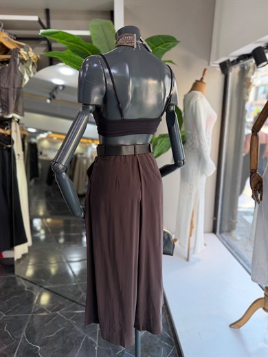 Kahve Kemerli Ve Pileli Culotte Pantolon