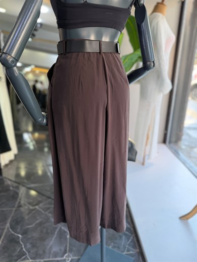 Kahve Kemerli Ve Pileli Culotte Pantolon