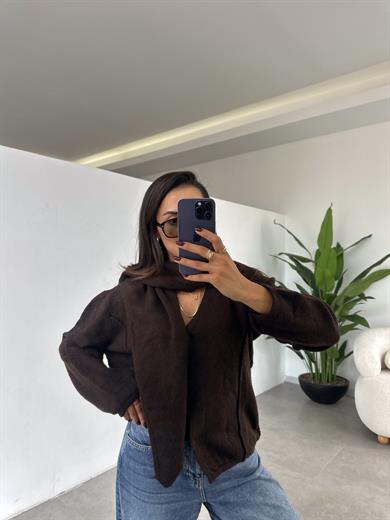 Kahve Kendinden Atkılı Hırka