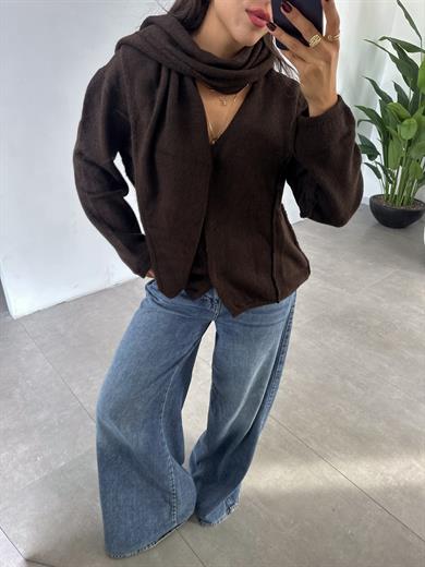 Kahve Kendinden Atkılı Hırka